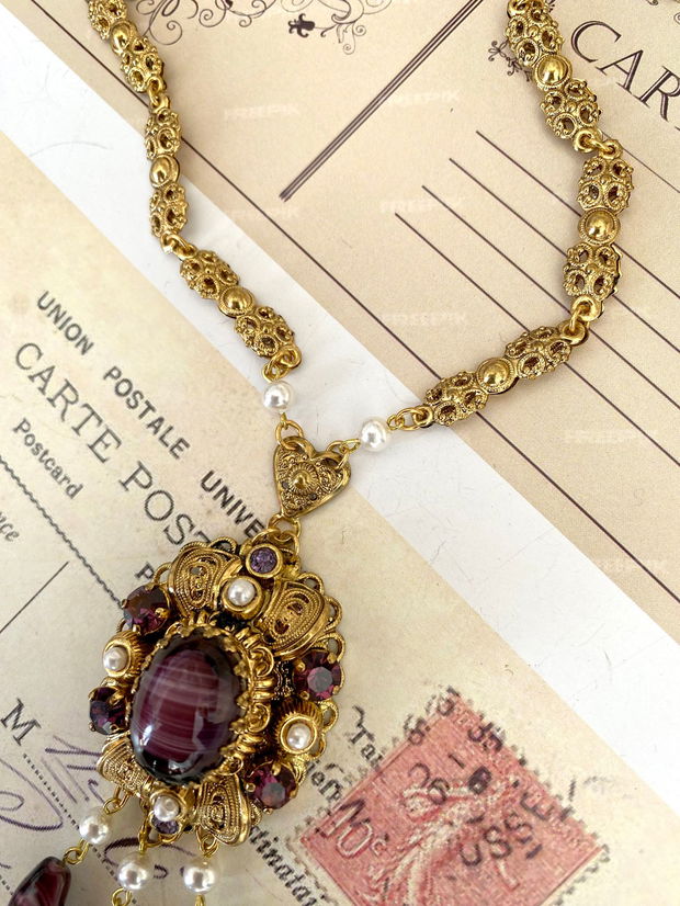 Colier vintage cu agate si cristale・Colier filigranat・Colier cu agate incrustate・Colier deosebit cu cabochon agata