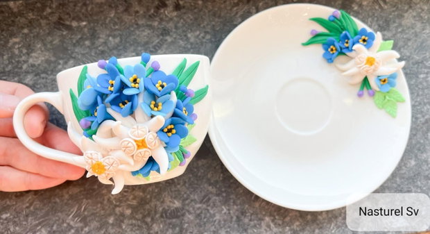 Set ceasca si farfurie: Flori de colt si flori de nu ma uita