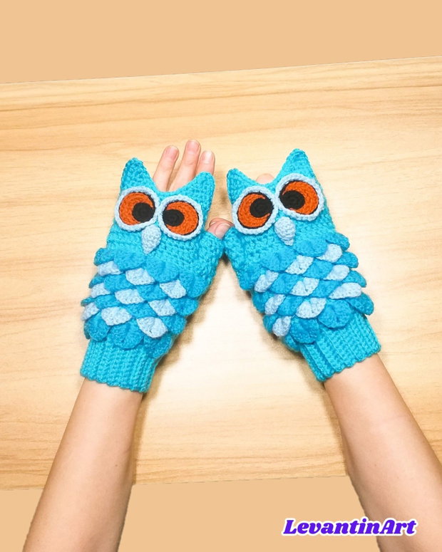 Mănuși croșetate bufniță - handmade fără degete