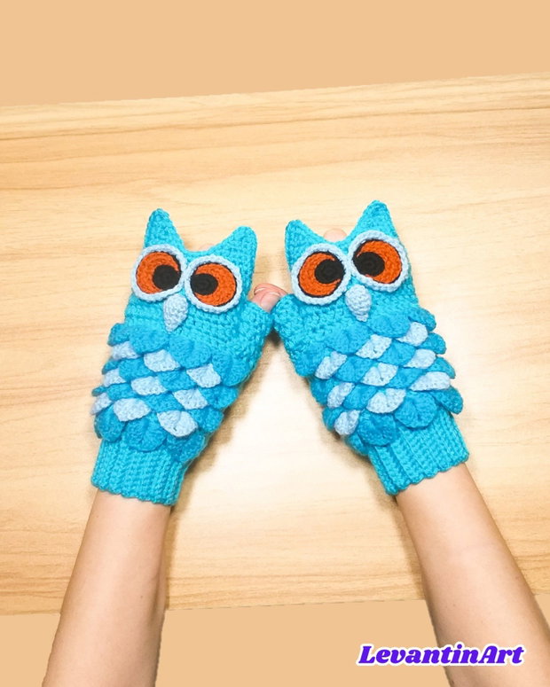 Mănuși croșetate bufniță - handmade fără degete