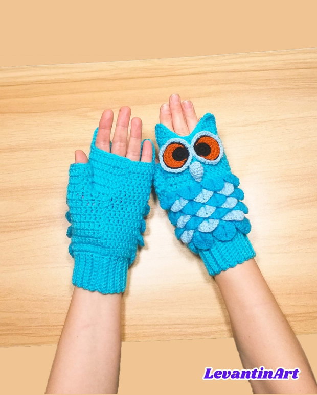 Mănuși croșetate bufniță - handmade fără degete