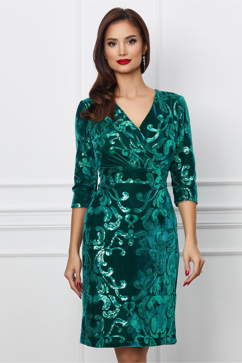 Rochie Elle Collection Eliza eleganta verde din catifea cu paiete