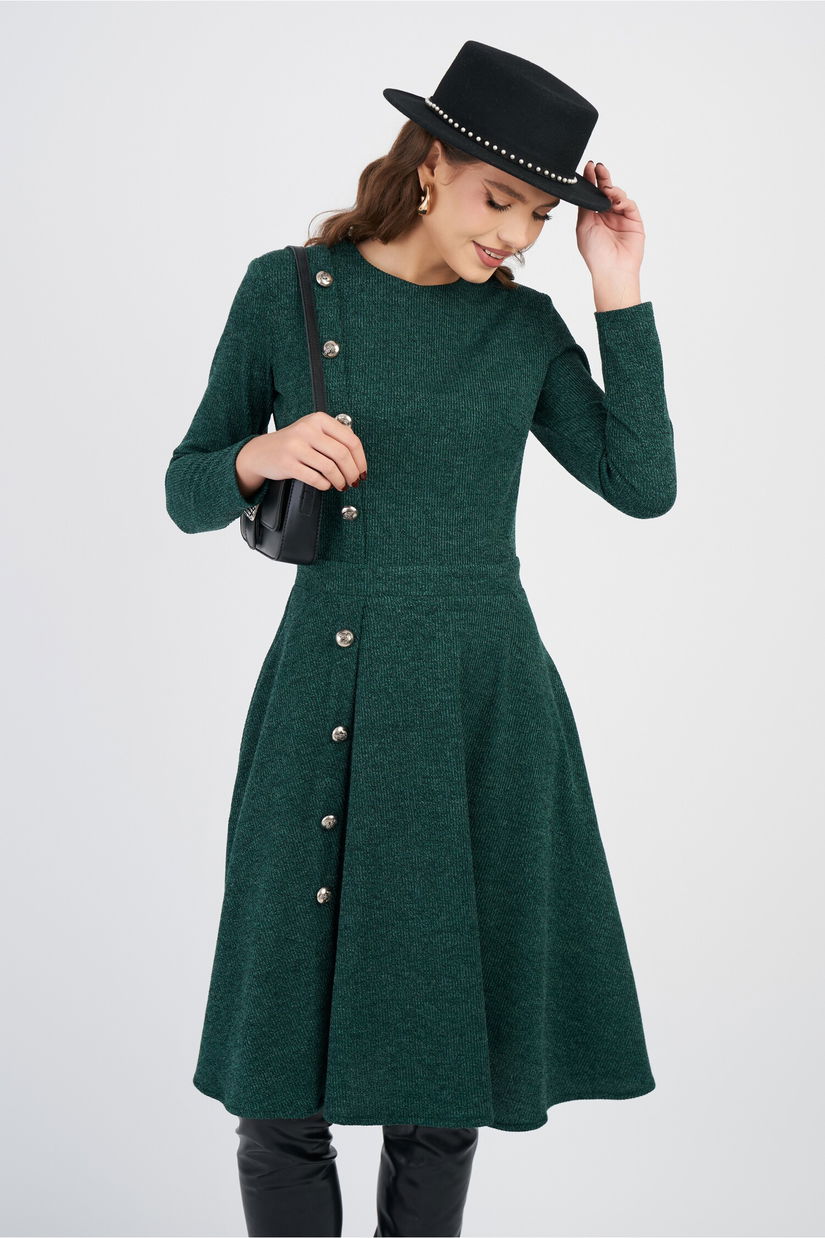 Rochie DY Fashion office din tricot verde cu nasturi pe o parte