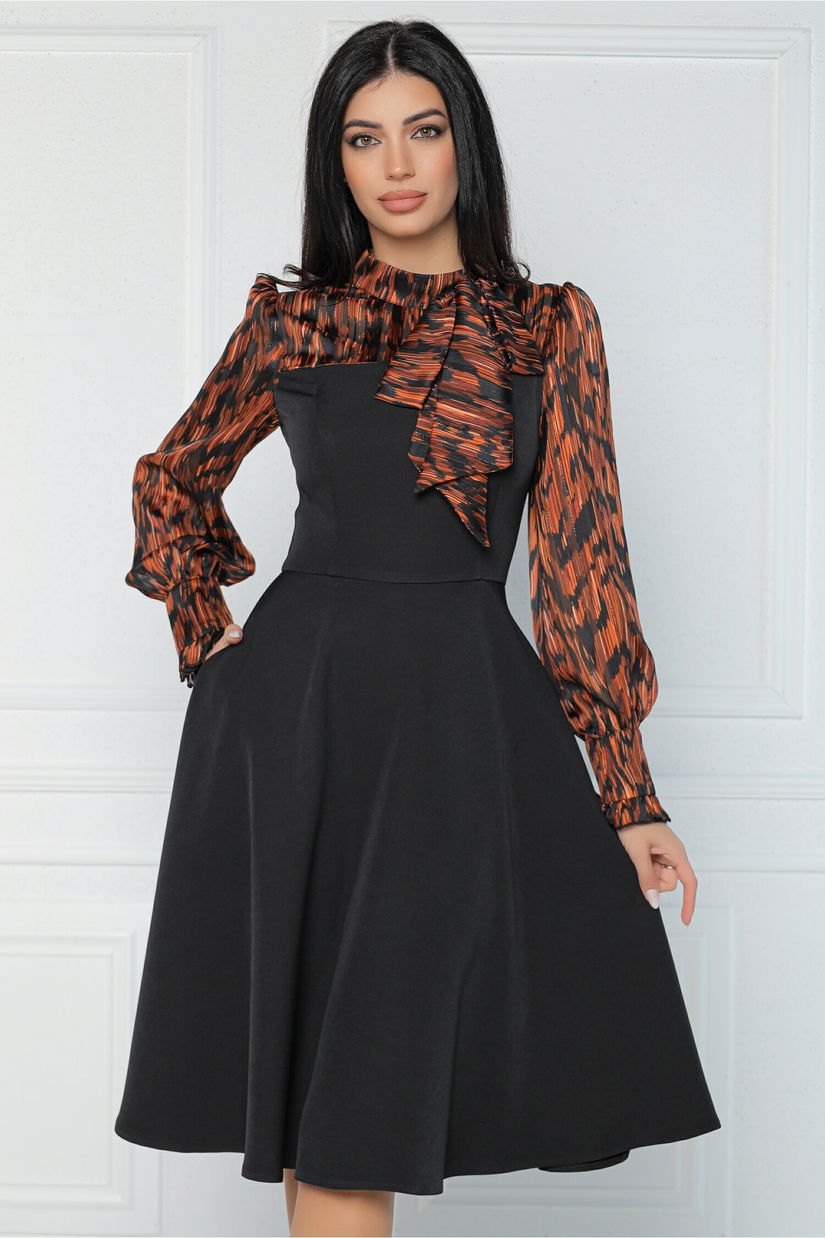 Rochie MBG office din stofa neagra cu voal la bust si animal print caramiziu