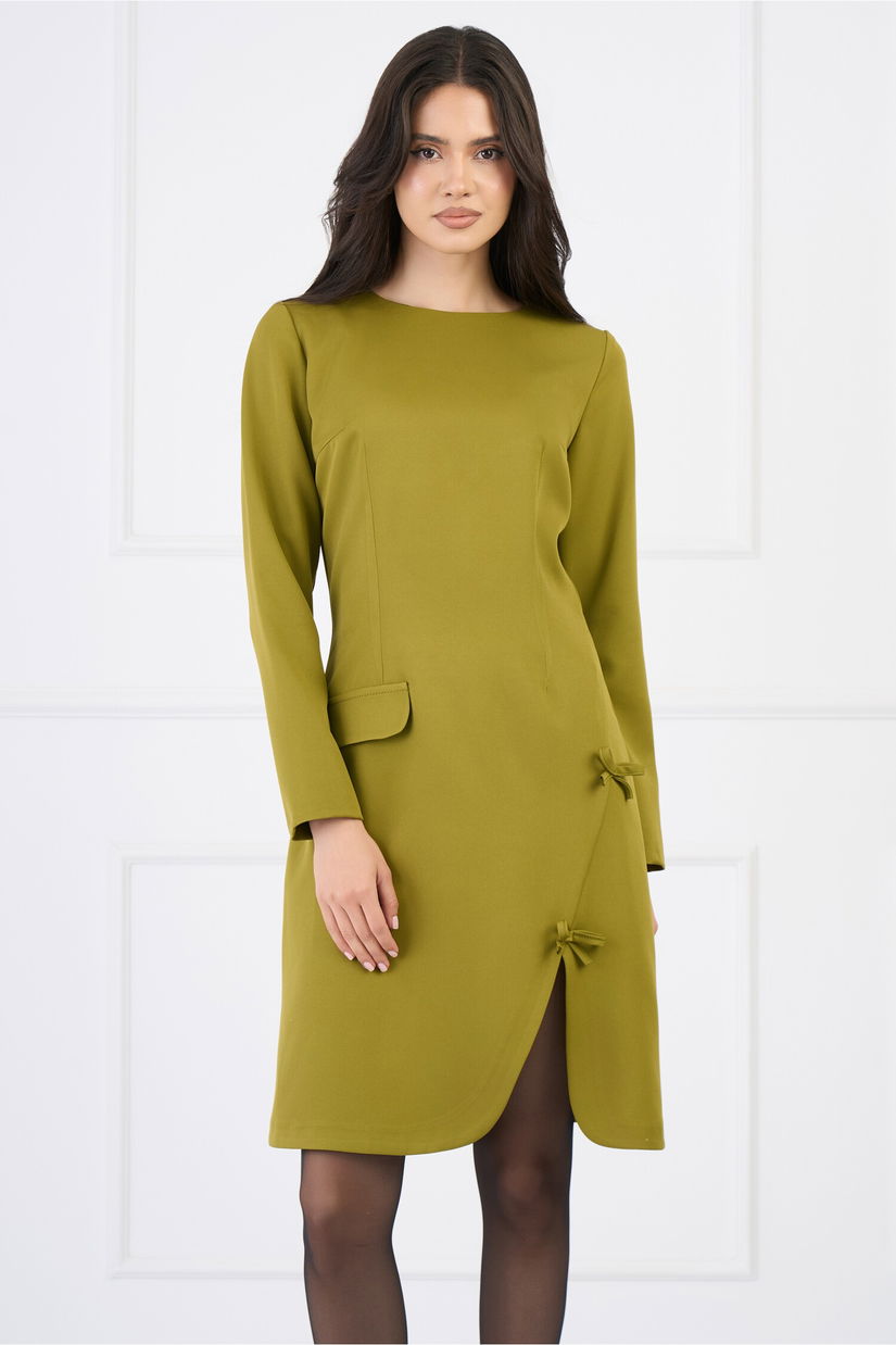 Rochie Moze office din stofa verde lime cu funde si crepeu pe fusta