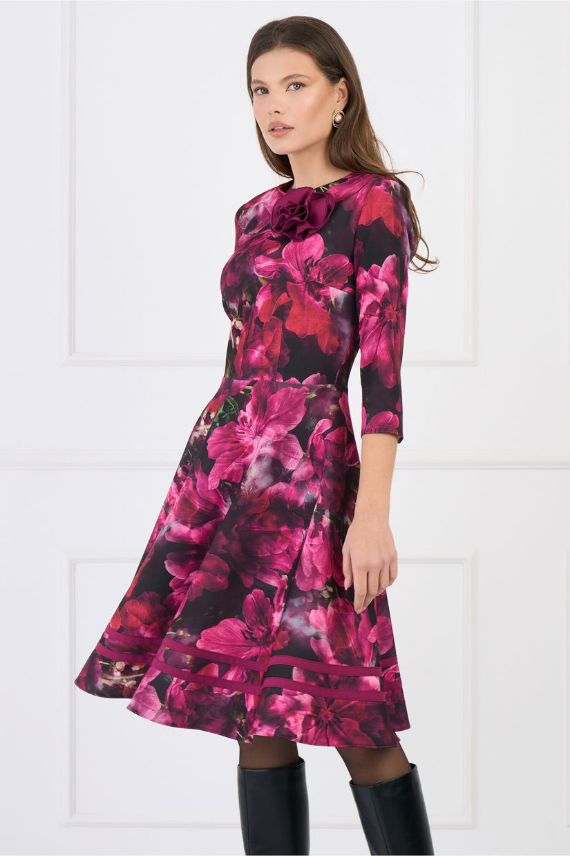 Rochie DY Fashion office din stofa cu imprimeu si floare magenta