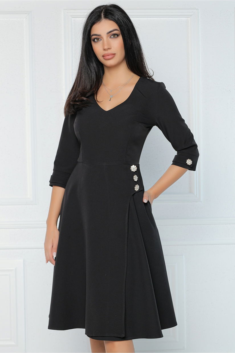 Rochie MBG office din stofa neagra cu nasturi in talie