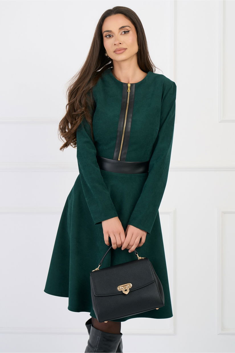 Rochie DY Fashion office verde din velur cu piele ecologica si fermoar la bust