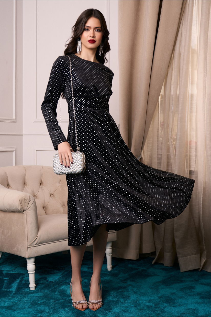 Rochie eleganta din catifea neagra cu strasuri si curea in talie