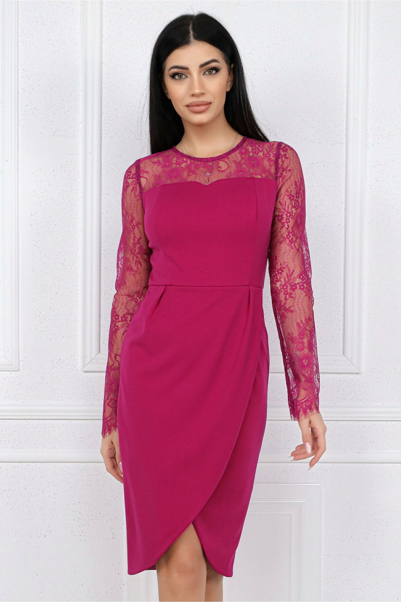 Rochie MBG eleganta din stofa fucsia cu dantela la bust si maneci