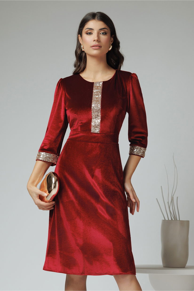 Rochie Ella Collection Laura din catifea bordo cu paiete pe bust