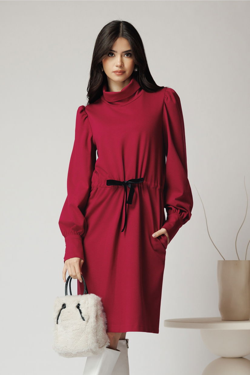 Rochie DY Fashion smart-casual din jerse fucsia cu snur in talie