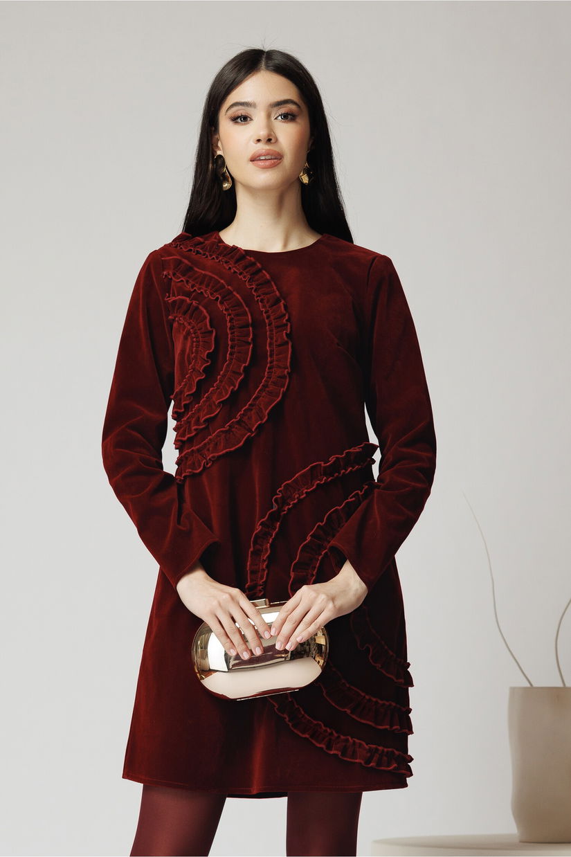 Rochie Moze eleganta din catifea burgundy cu volane