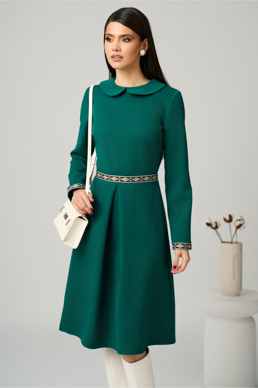 Rochie DY Fashion office din stofa verde cu banda in talie