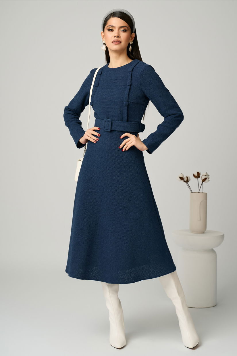 Rochie DY Fashion office din tweed bleumarin cu nasturi pe bust si curea in talie