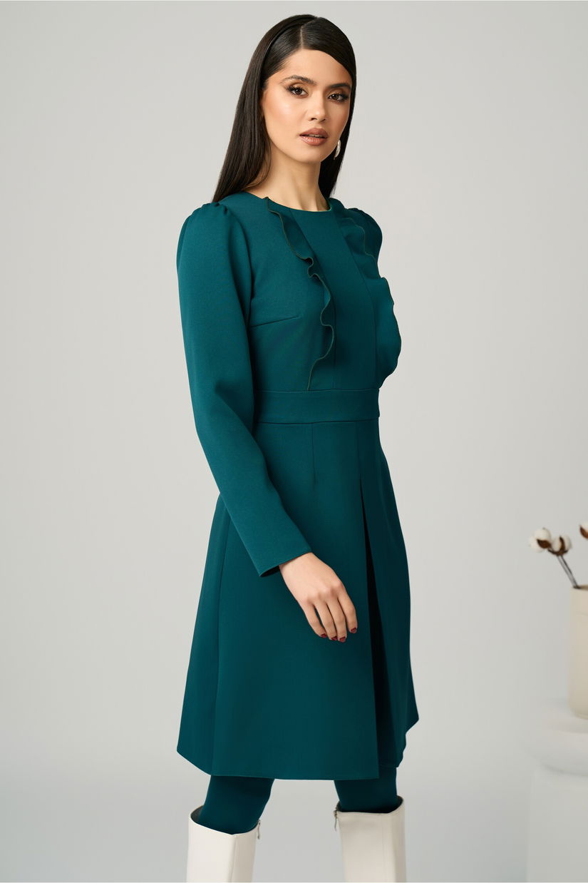 Rochie Moze office din stofa verde cu volane pe bust