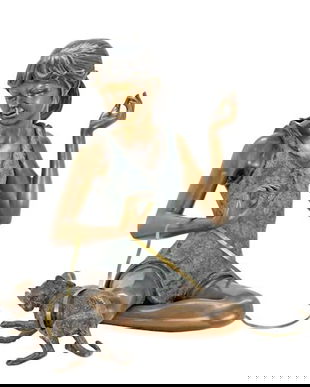 Fetita cu pisica-statueta din bronz pictat