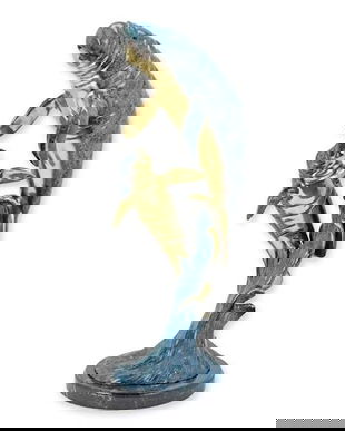 Foca cu puiul-statueta din bronz pictat cu un soclu din marmura