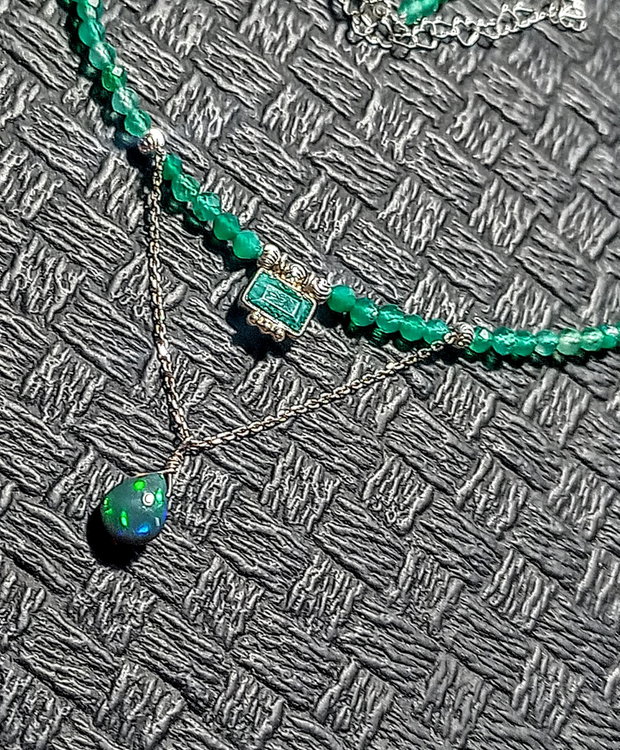 Colier argint opal de foc etiopian negru sillimanit onix verde charm brioleta lant argint minimalist boho chic trendy - Transport gratuit