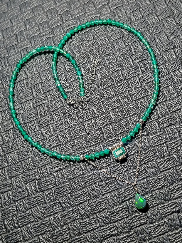 Colier argint opal de foc etiopian negru sillimanit onix verde charm brioleta lant argint minimalist boho chic trendy - Transport gratuit