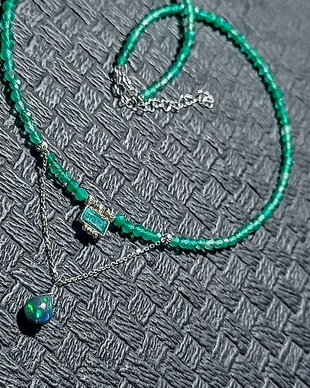 Colier argint opal de foc etiopian negru sillimanit onix verde charm brioleta lant argint minimalist boho chic trendy - Transport gratuit