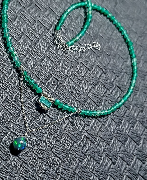 Colier argint opal de foc etiopian negru sillimanit onix verde charm brioleta lant argint minimalist boho chic trendy - Transport gratuit