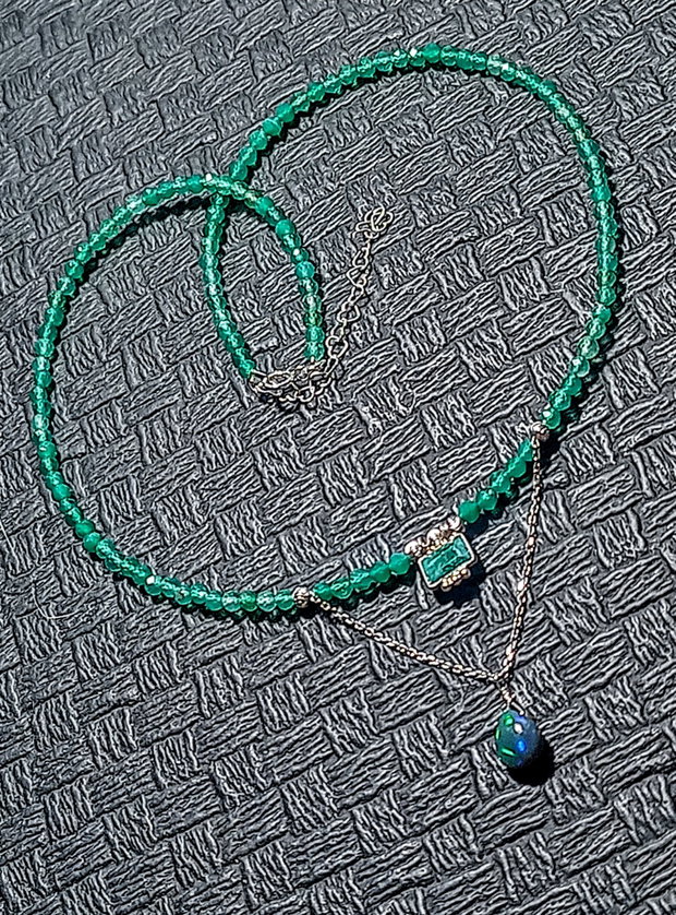 Colier argint opal de foc etiopian negru sillimanit onix verde charm brioleta lant argint minimalist boho chic trendy - Transport gratuit