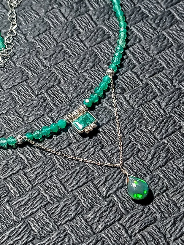 Colier argint opal de foc etiopian negru sillimanit onix verde charm brioleta lant argint minimalist boho chic trendy - Transport gratuit