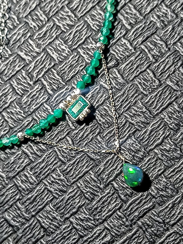 Colier argint opal de foc etiopian negru sillimanit onix verde charm brioleta lant argint minimalist boho chic trendy - Transport gratuit