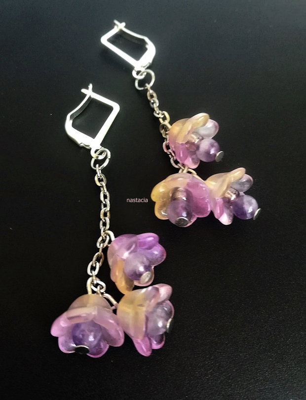 cercei ametist si flori clopotei violet galben