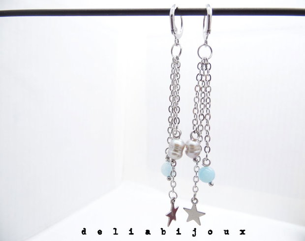 Cercei handmade unicat - acvamarin si perle (cod1146)