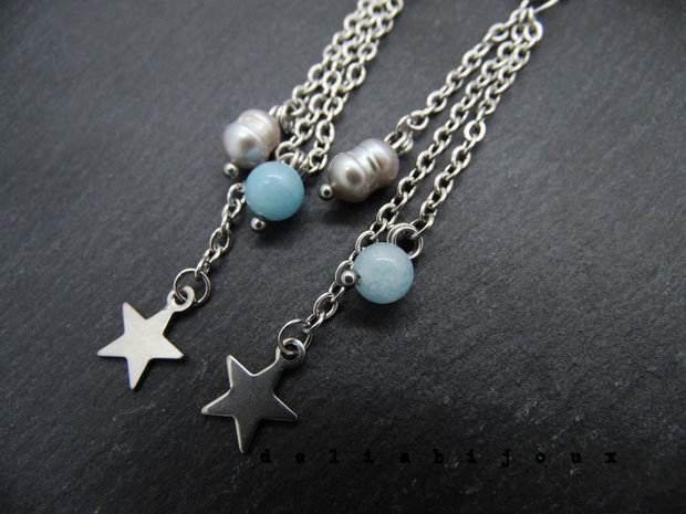 Cercei handmade unicat - acvamarin si perle (cod1146)