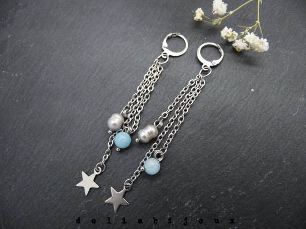 Cercei handmade unicat - acvamarin si perle (cod1146)