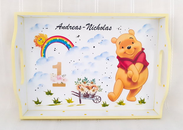 Tavita de mot baietel cu ursuletul Winnie si curcubeu