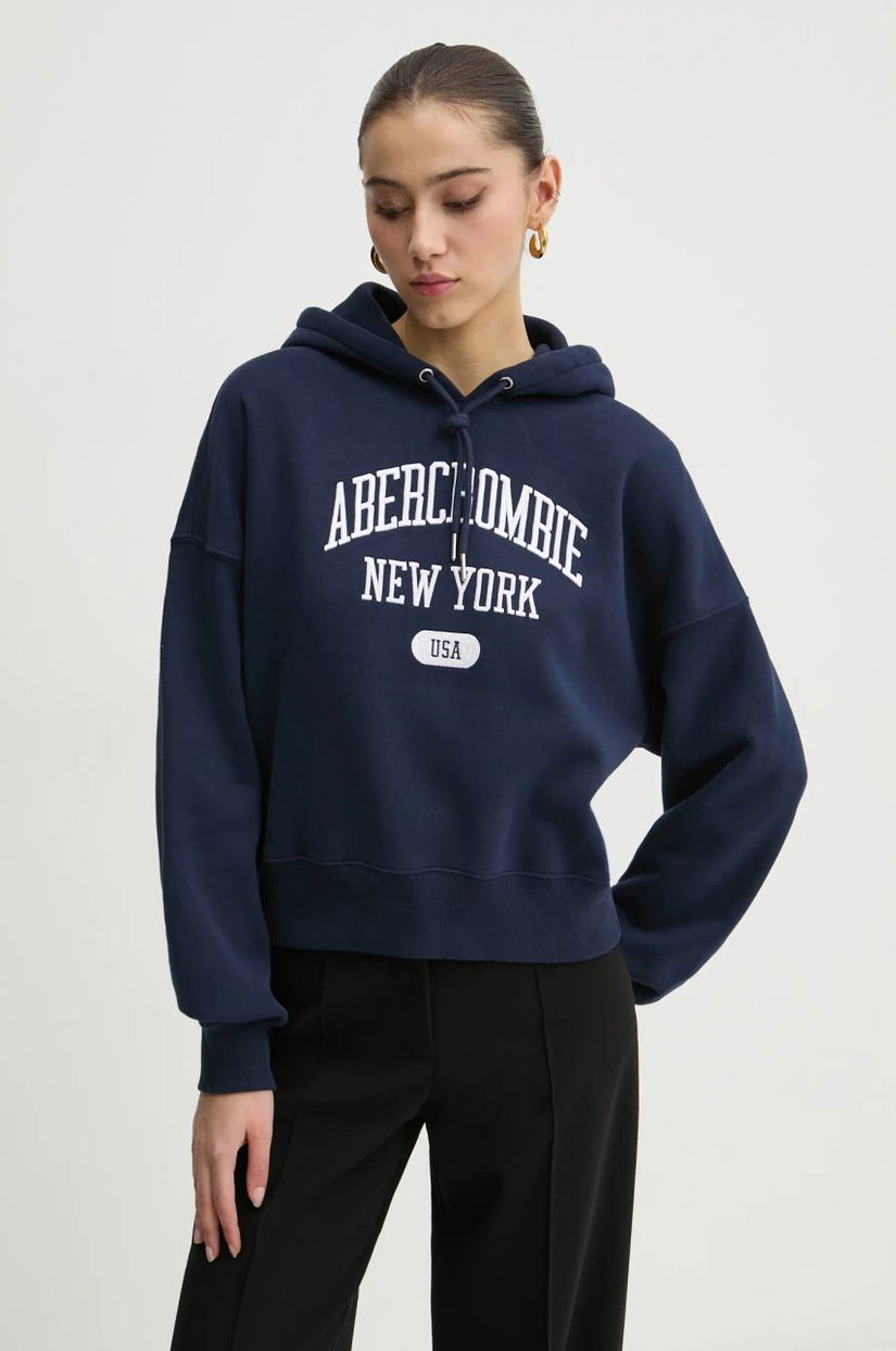 Abercrombie & Fitch bluza femei, culoarea albastru marin, cu glugă, cu imprimeu, KI152-4201