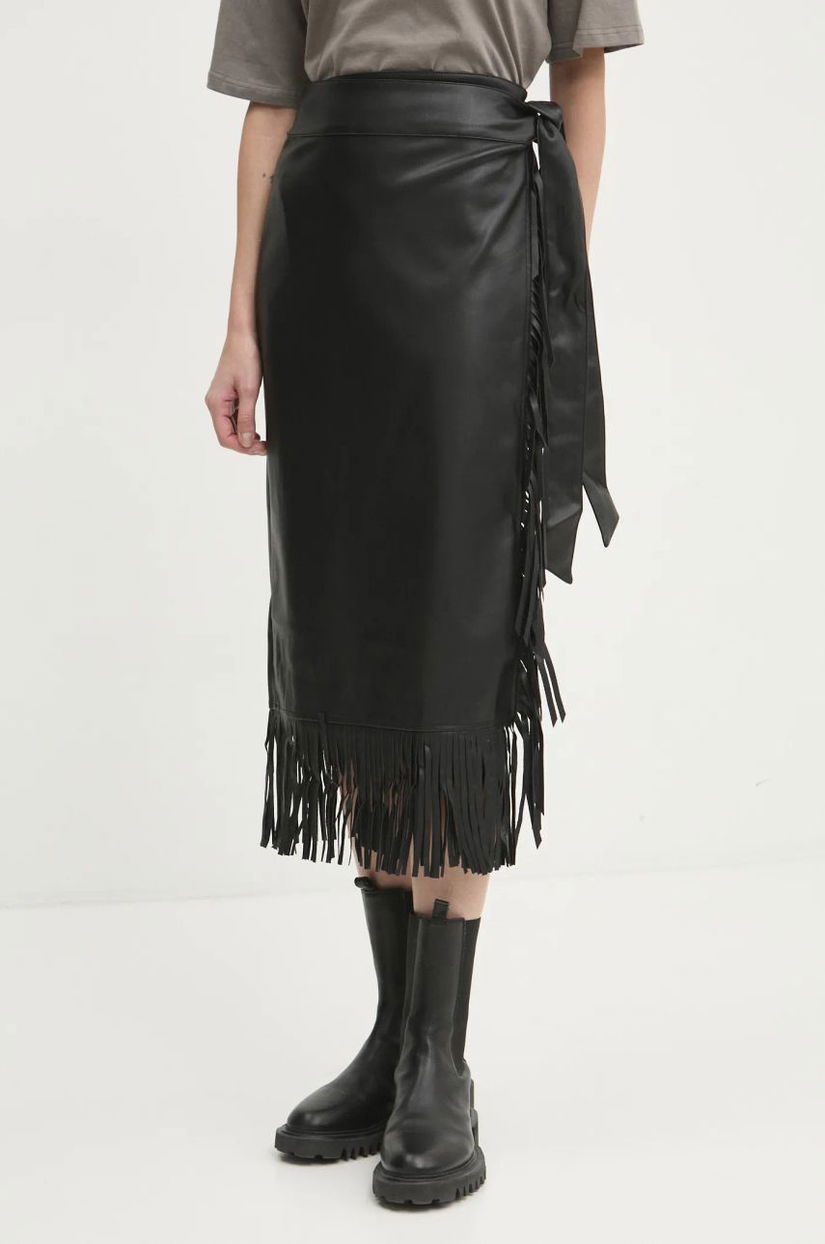 Never Fully Dressed fustă de piele Vegan Leather Fringe Jaspre culoarea negru, midi, creion, NFDSK573