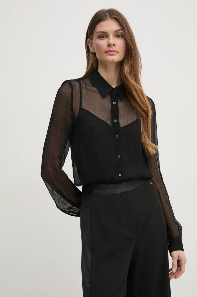 Pedro del Hierro cămașă femei, culoarea negru, cu guler clasic, regular, 6638236