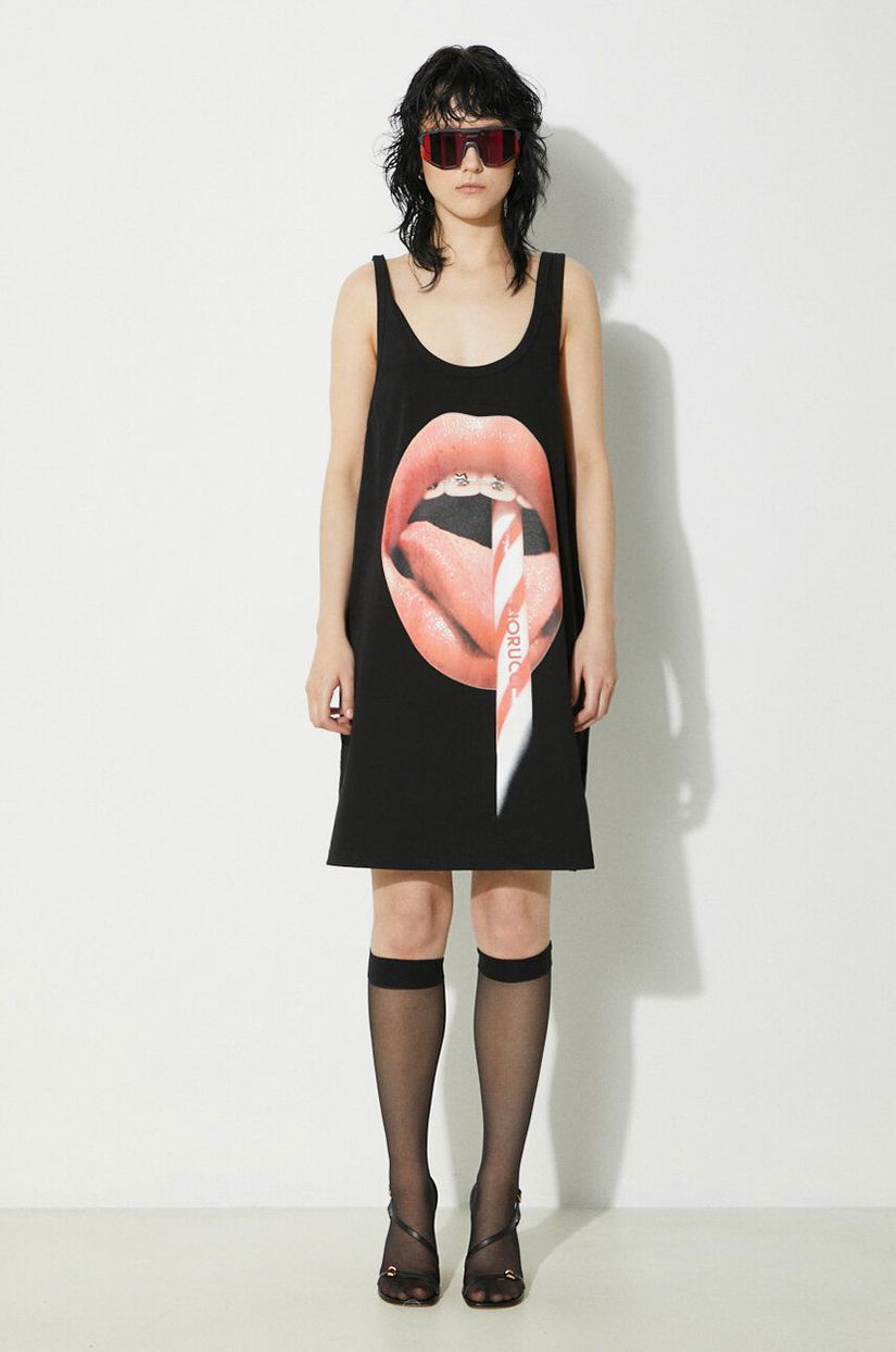 Fiorucci rochie din bumbac Mouth Print Tank Dress culoarea negru, mini, oversize, W01FPDTA111CO01BK01