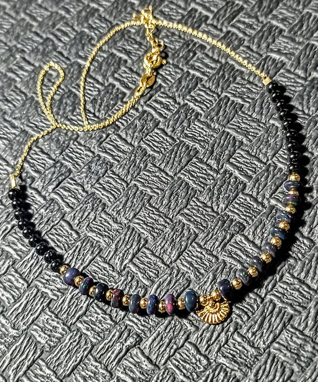 Colier vermeil opal de foc etiopian negru onix charm lant argint placat cu aur minimalist boho chic trendy cadou - Transport gratuit