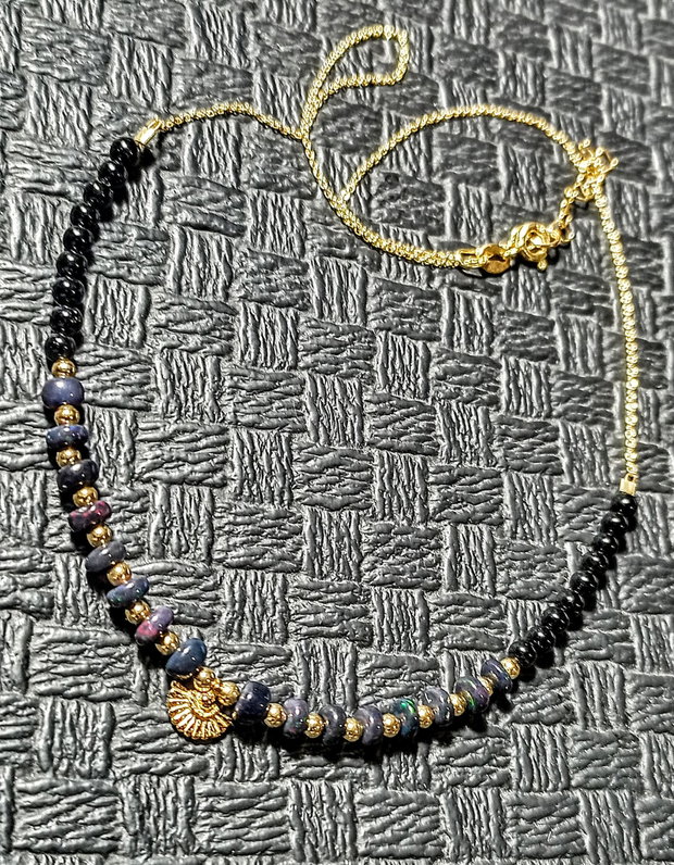 Colier vermeil opal de foc etiopian negru onix charm lant argint placat cu aur minimalist boho chic trendy cadou - Transport gratuit