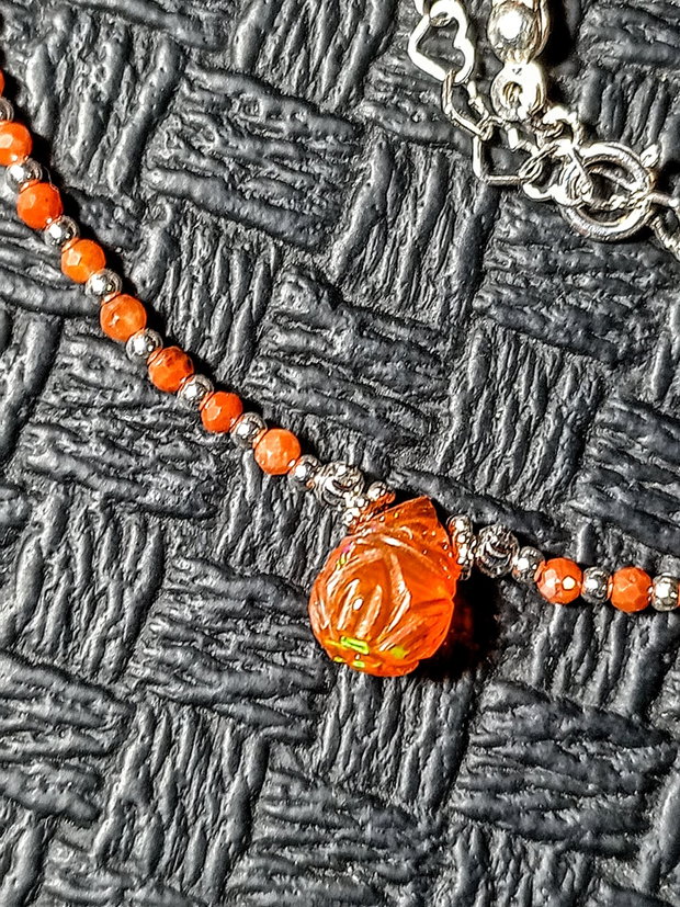 Colier argint opal de foc etiopian gravat agata rosie naturala minimalist boho chic trendy - Transport gratuit