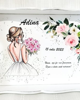 Tavita pentru mireasa cu tema buchet și trandafiri roz