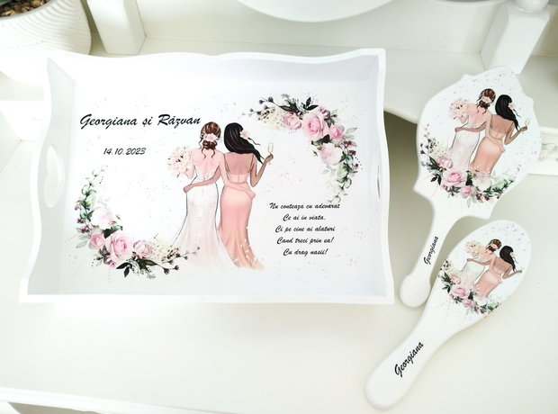 Tavita pentru mireasa cu nașa cu pahar în mână