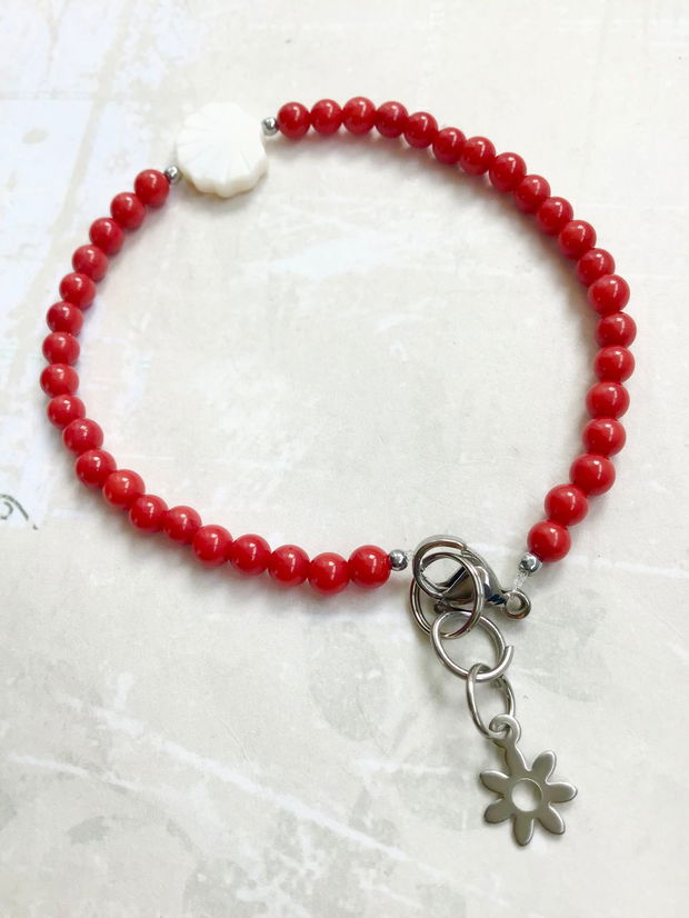 Set Bratara coral rosu & sidef alb