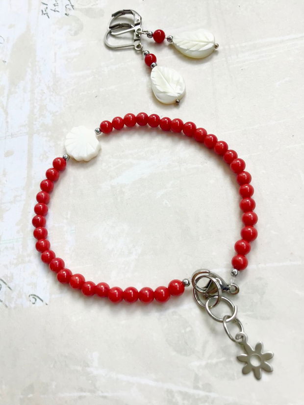Set Bratara coral rosu & sidef alb