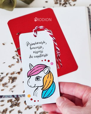 Minisemn de carte martisor unicorn pictat personalizat cu mesaj