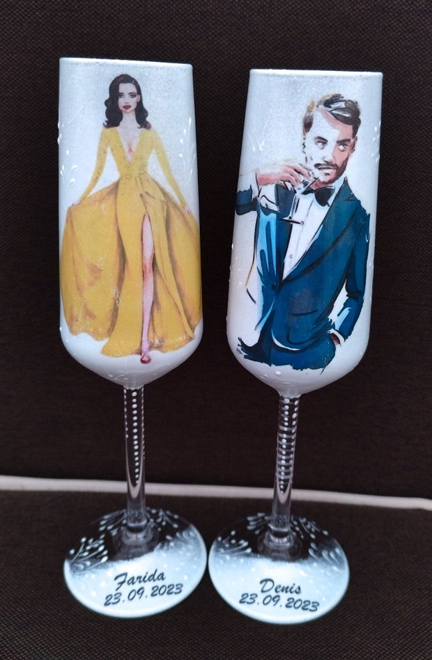 Pahare de nunta personalizate cu mireasă brunetă