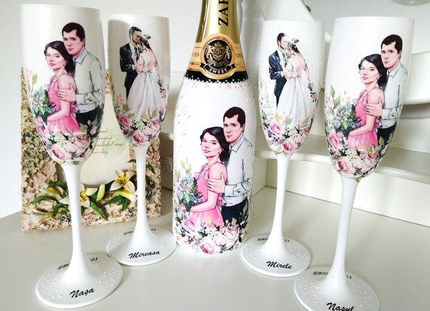 Pahare de nunta personalizate cu miri și nași