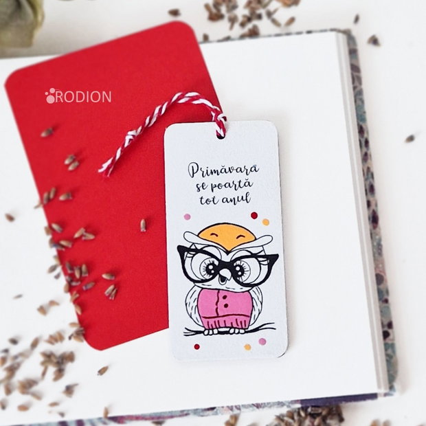 Minisemn de carte martisor bufnita pictat personalizat cu mesaj