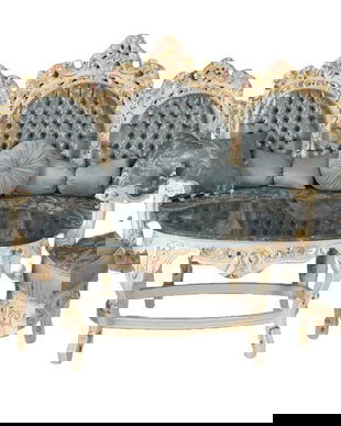 Set baroc living din lemn masiv alb cu tapiterie bleu din matase